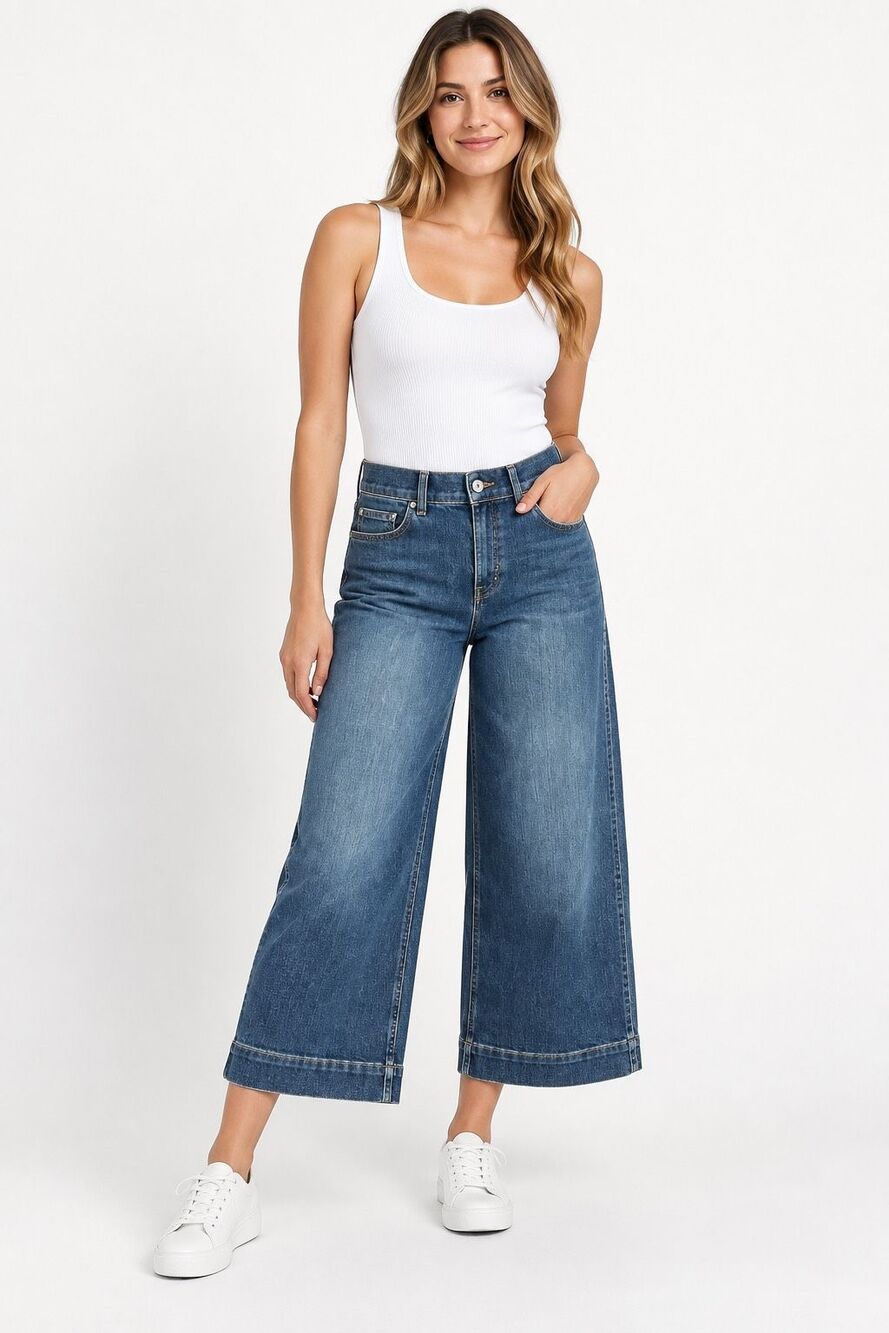 SPANX Wide Leg Cropped Jeans High Rise Medium Wash Denim Size Large